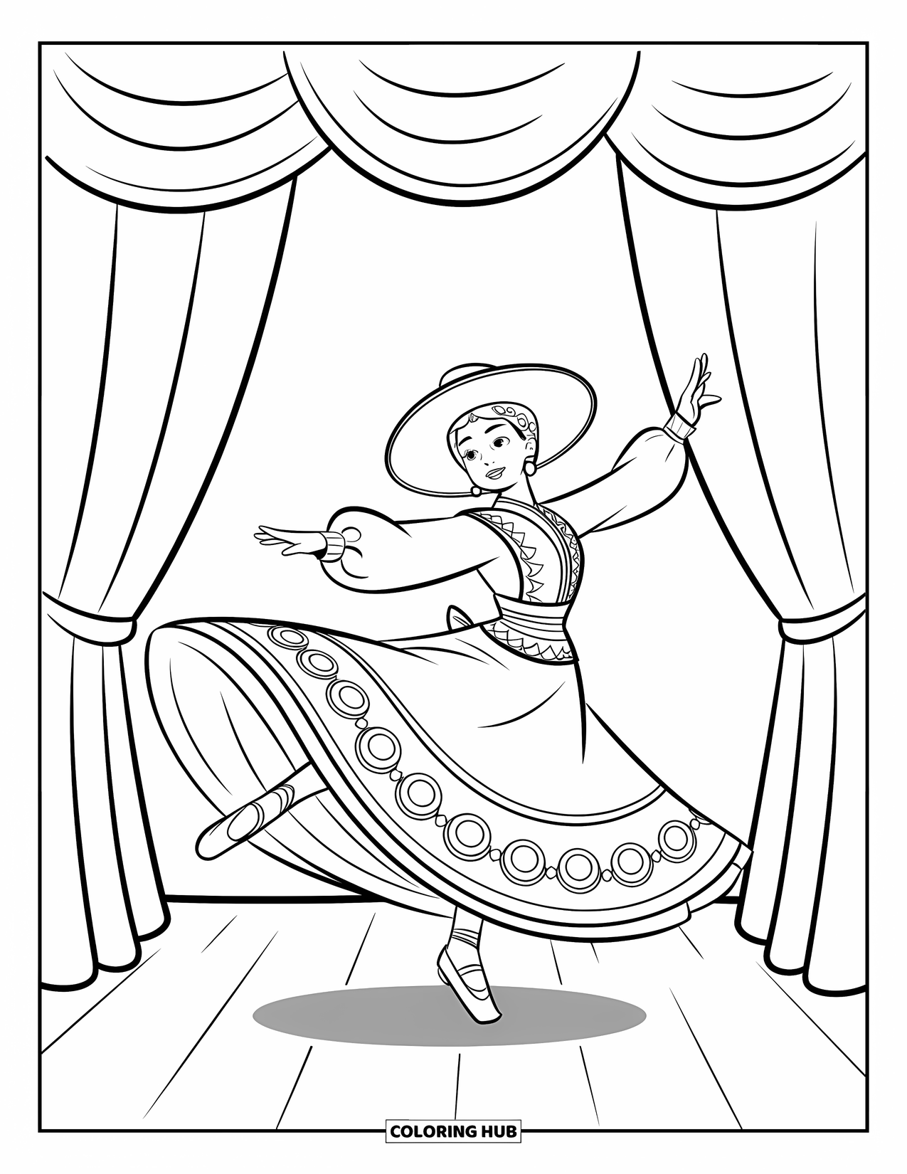 Desenho do México para colorir para crianças: Uma dançarina gira em um vestido folclórico tradicional no palco