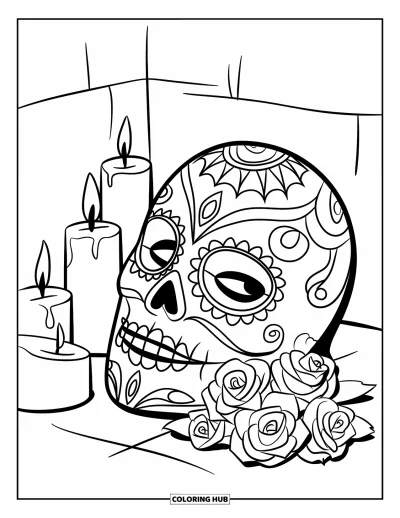Coloriage Mexique pour enfants : un masque du Jour des Morts est posé à côté de bougies allumées et de roses