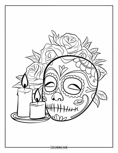 Coloriage Mexique pour enfants : un masque de crâne décoré avec des bougies et des roses placés à proximité