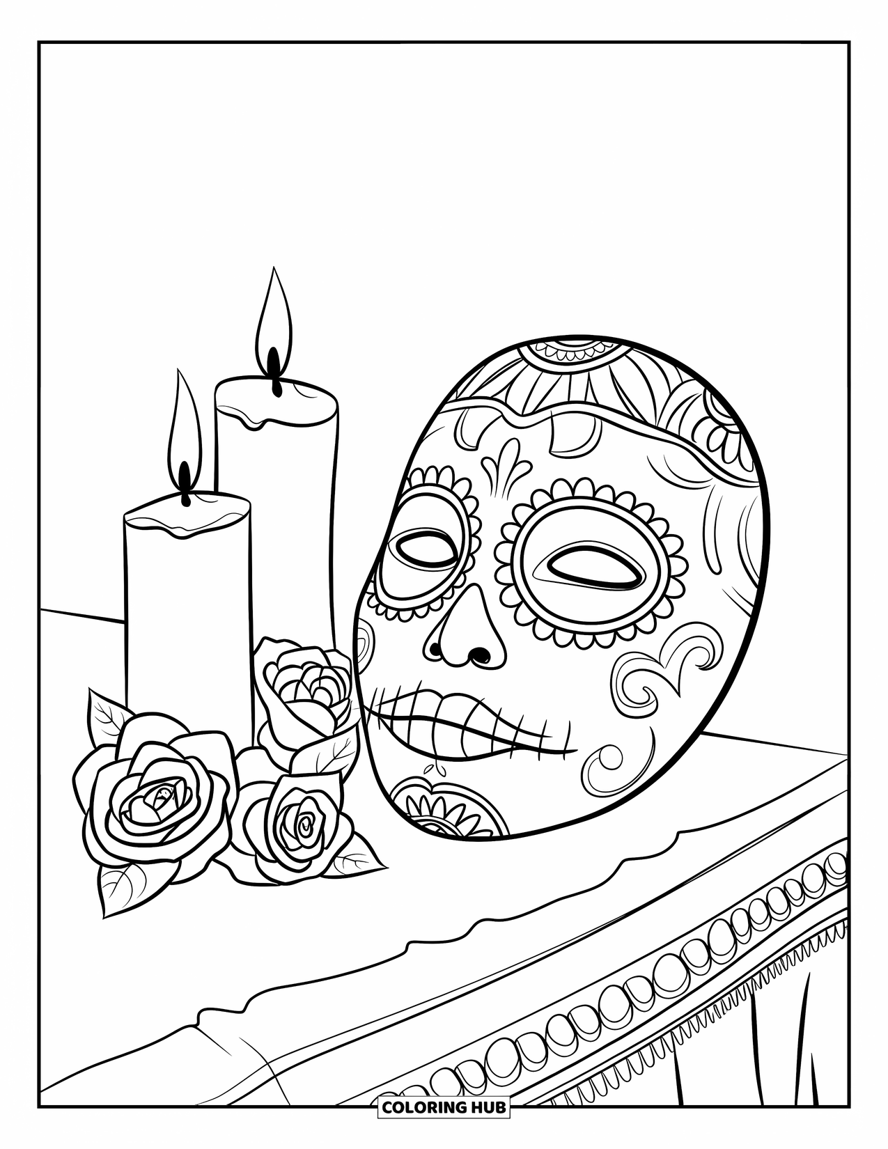 Desenho do México para colorir para crianças: Uma máscara detalhada com velas e rosas dispostas em uma pequena mesa
