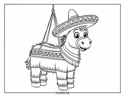 Coloriage Mexique pour enfants : une piñata d’âne porte un sombrero et est suspendue à une corde