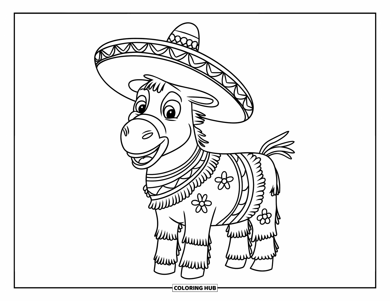 Desenho do México para colorir para crianças: Uma piñata de burro com corações e flores balança alegremente