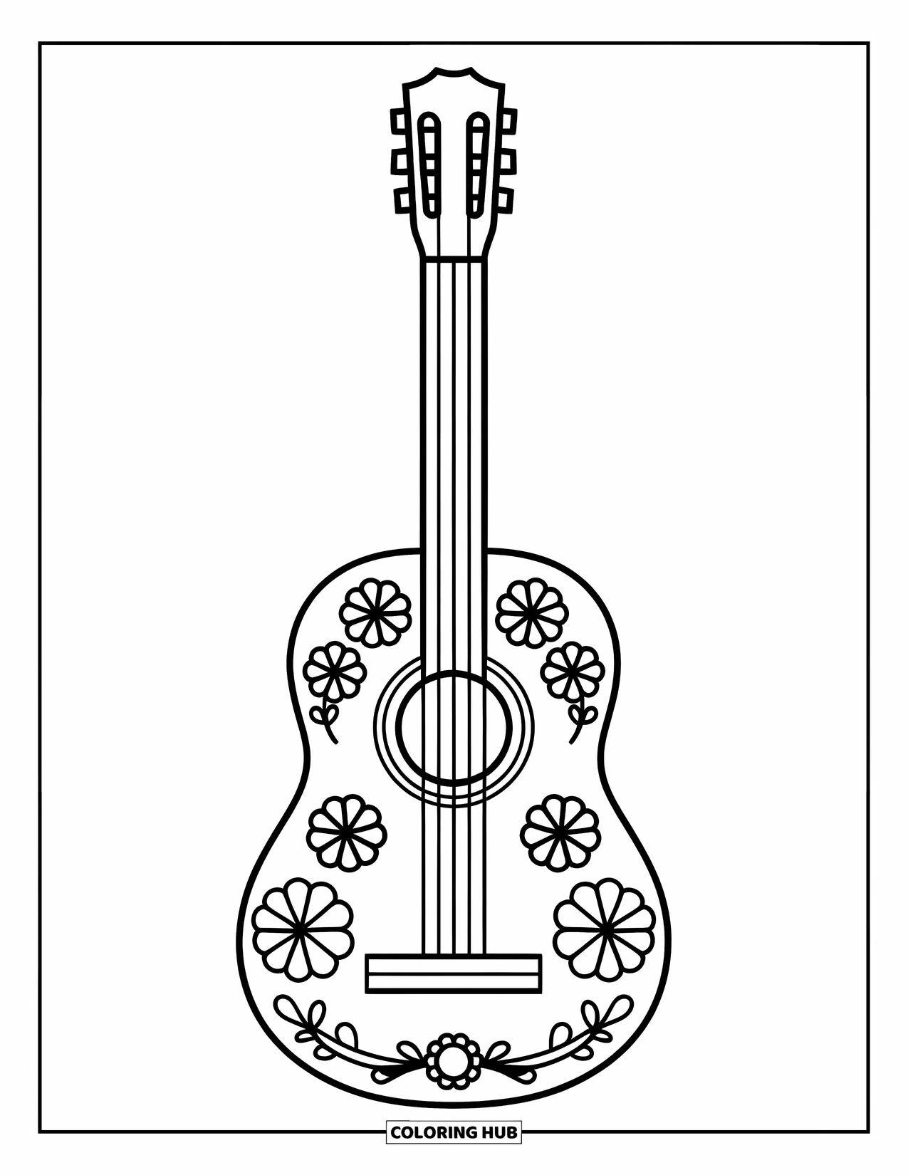 Desenho do México para colorir para crianças: Uma guitarra decorada com flores está pronta para tocar