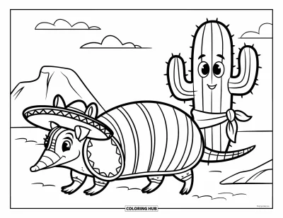 Coloriage Mexique pour enfants : un tatou heureux et un ami cactus traînent dans le désert