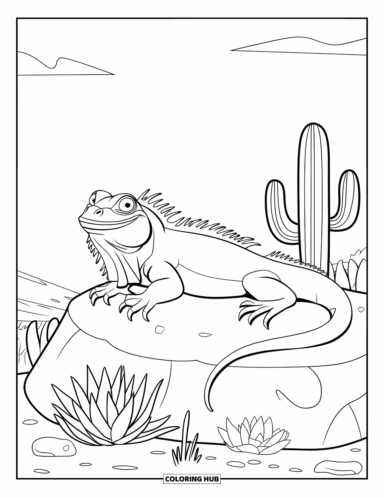 Desenho do México para colorir para crianças: Uma iguana feliz relaxa em uma cena desértica com cactos e nuvens