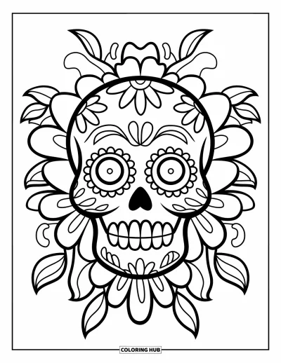 Coloriage Mexique pour enfants : un joyeux crâne en sucre avec de grands yeux et des motifs floraux simples