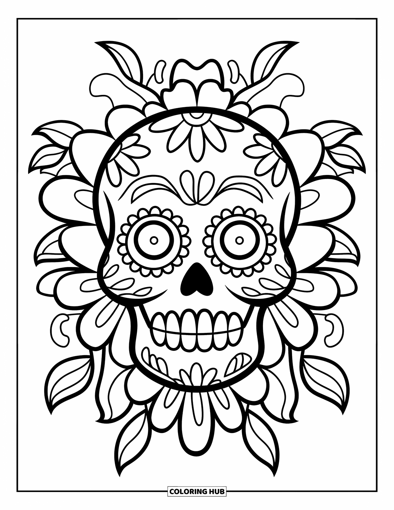 Desenho do México para colorir para crianças: Uma caveira de açúcar feliz com olhos grandes e designs florais simples