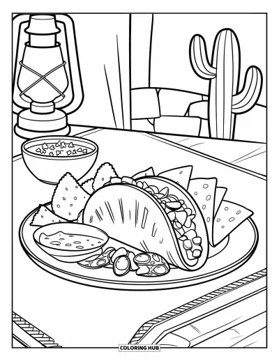 Coloriage Mexique pour enfants : un copieux repas de tacos avec de la salsa, des chips et des jalapeños