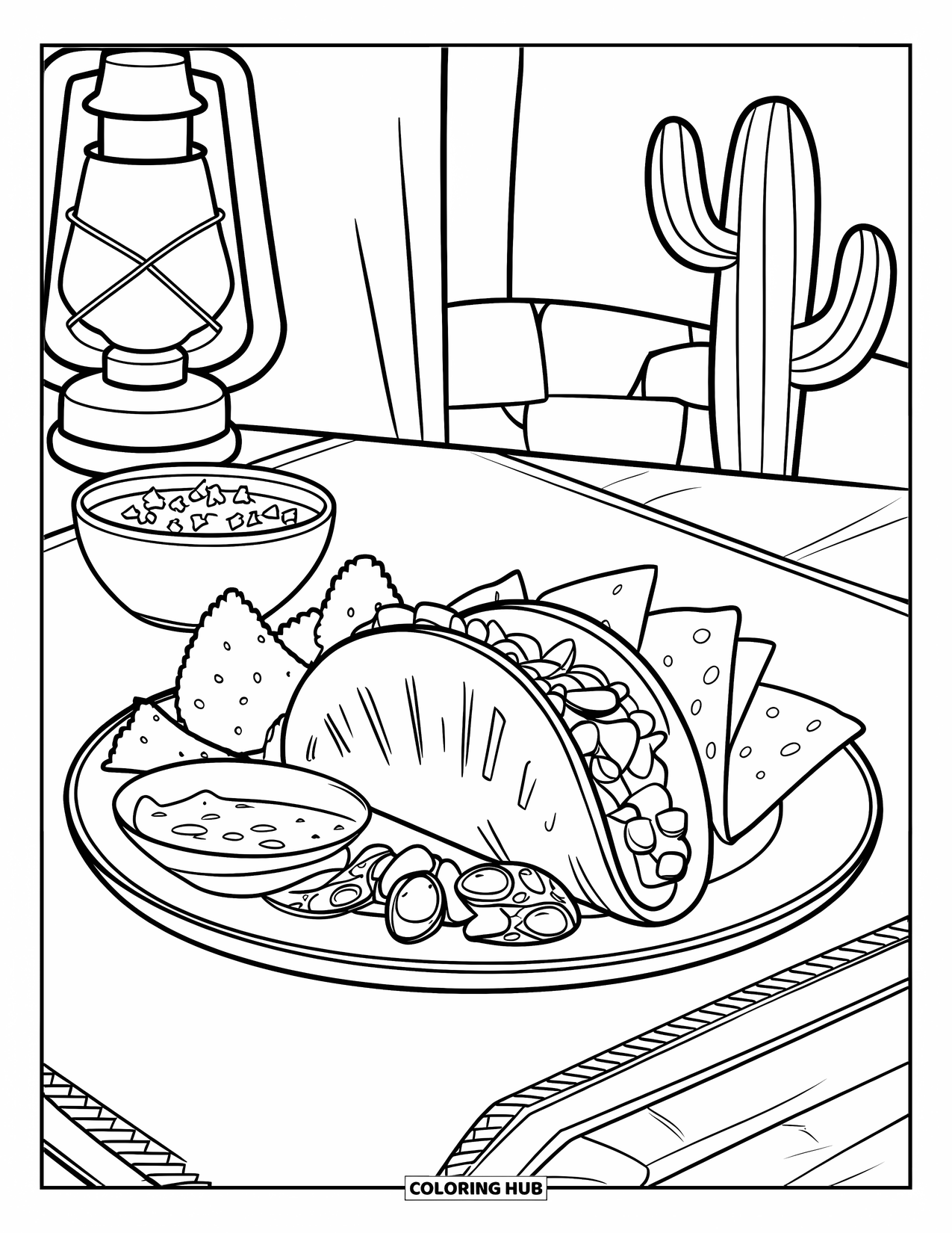 Desenho do México para colorir para crianças: Uma refeição de taco farta com salsa, chips e jalapeños