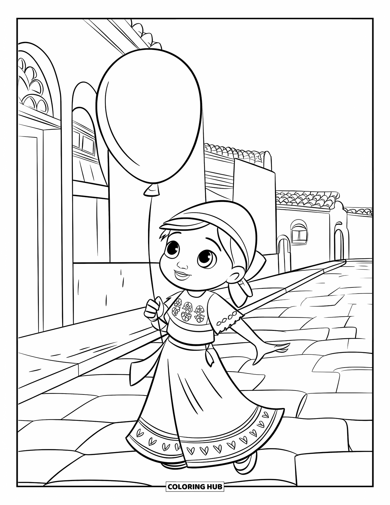 Desenho do México para colorir para crianças: Uma criança alegre em traje tradicional segura um balão