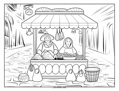 Coloriage Mexique pour enfants : un homme et une femme tiennent un stand de rue animé avec des tamales et des fruits