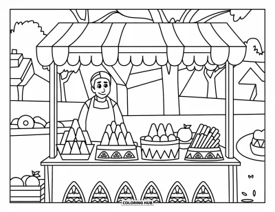 Coloriage Mexique pour enfants : un homme vend des tamales, des churros et des fruits depuis un stand de marché