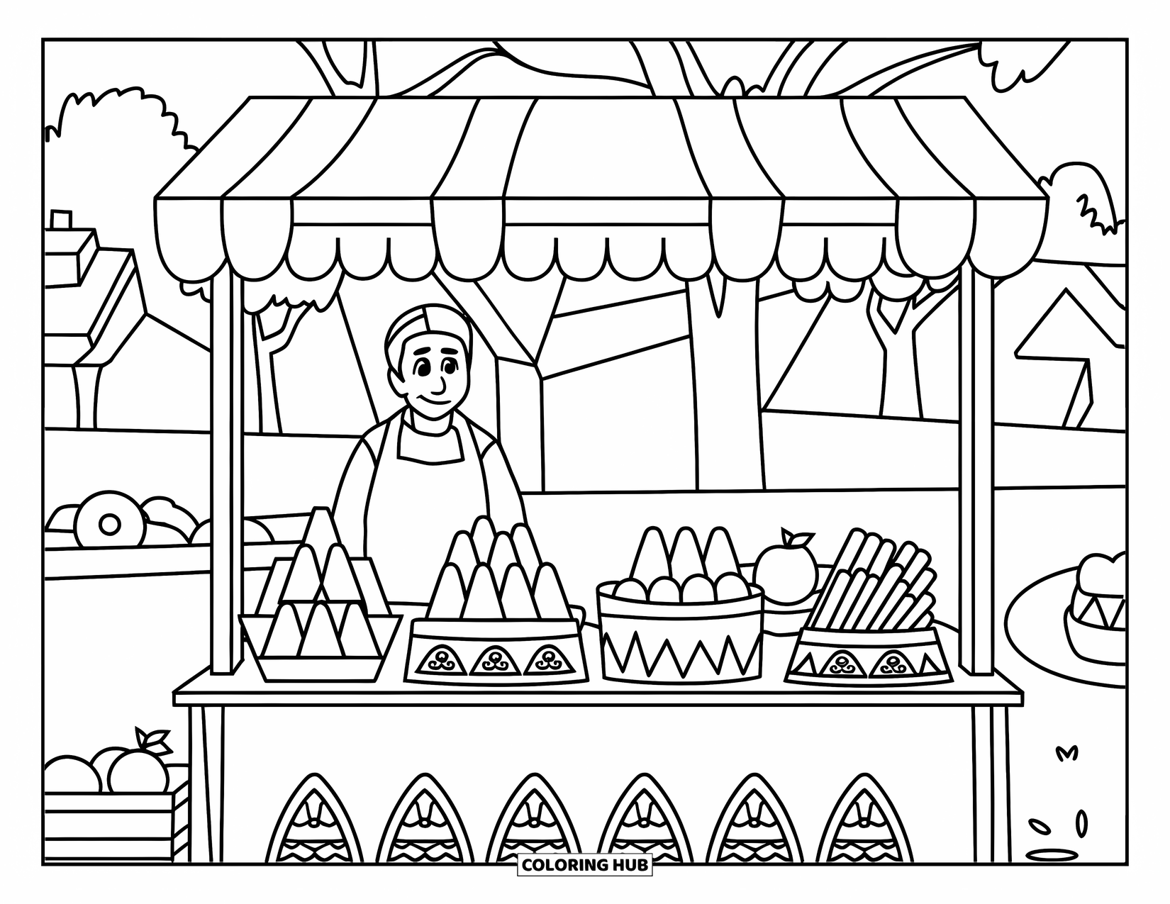 Desenho do México para colorir para crianças: Um homem vende tamales, churros e frutas de uma barraca de mercado