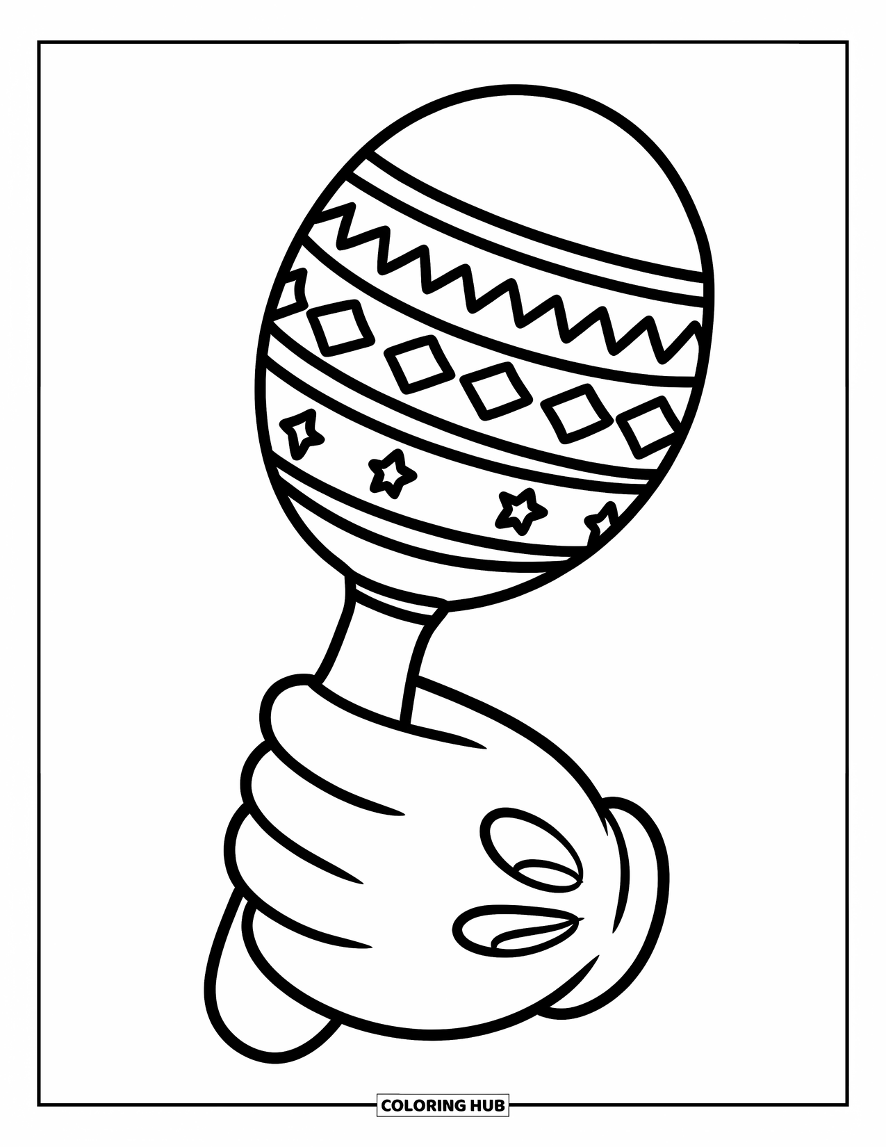 Desenho do México para colorir para crianças: Uma maraca com padrões de zigue-zague e estrelas segurada por uma luva de desenho animado