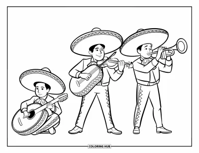 Coloriage Mexique pour enfants : un trio de mariachis se produit en tenues traditionnelles