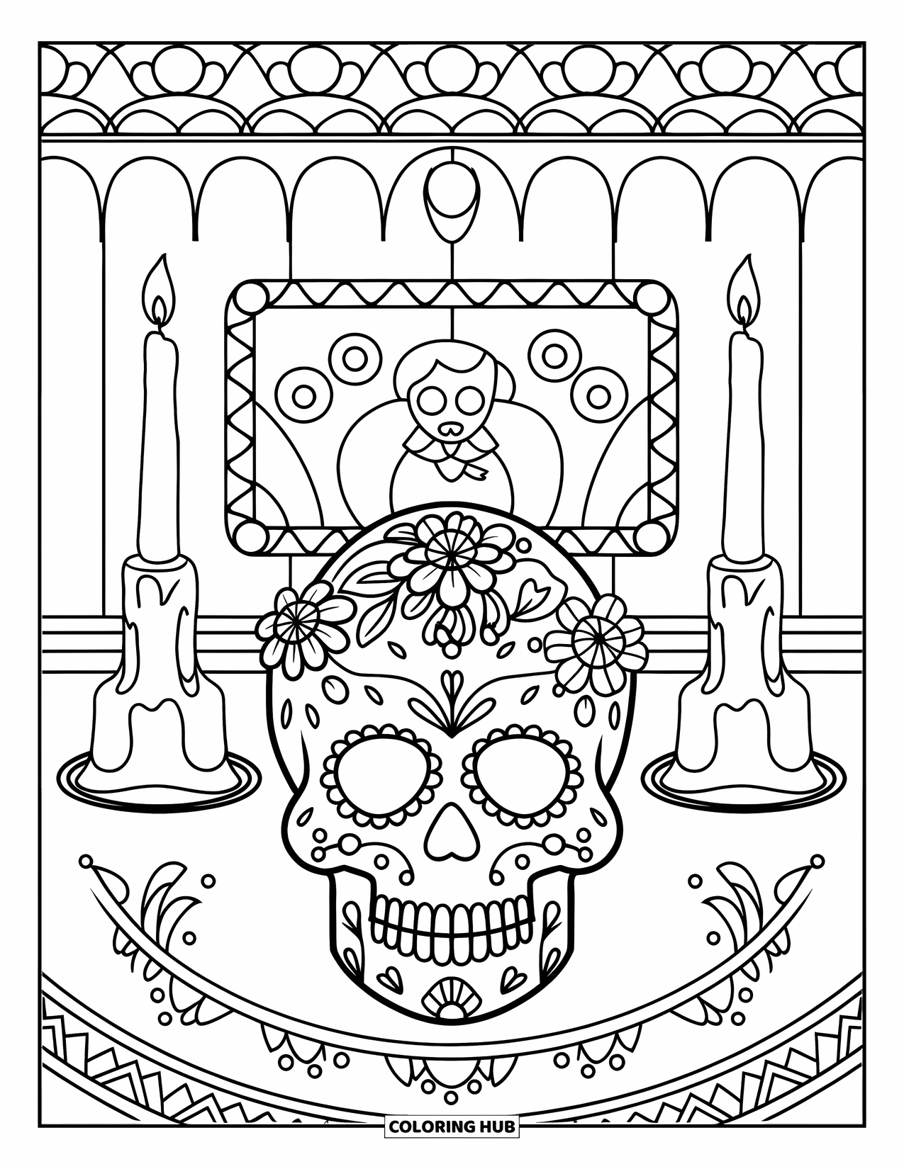 Desenho do México para colorir para crianças: Uma caveira e retratos decoram um altar festivo do Dia dos Mortos