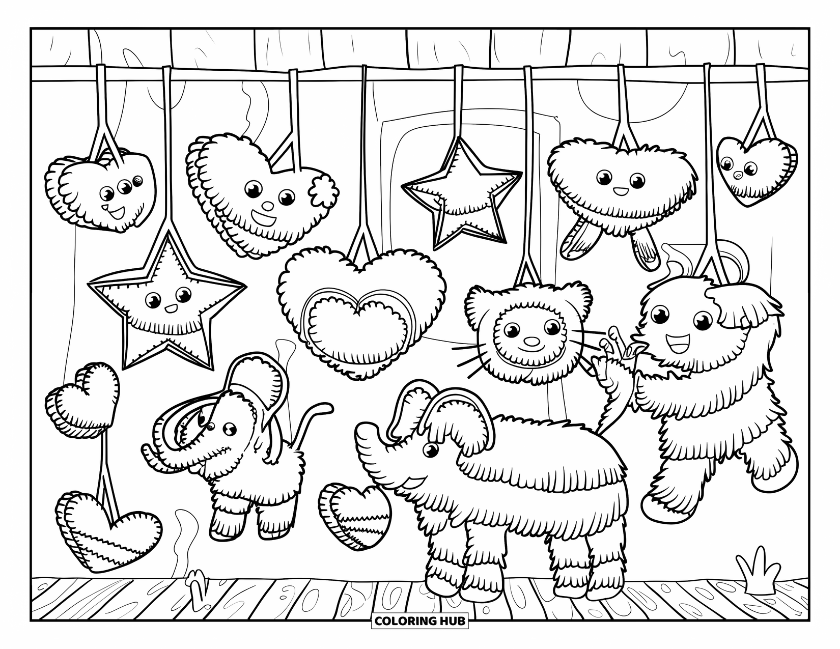 Desenho do México para colorir para crianças: Uma pequena loja cheia de piñatas e balões em formatos divertidos