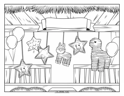 Coloriage Mexique pour enfants : une petite boutique remplie de piñatas et de ballons aux formes amusantes