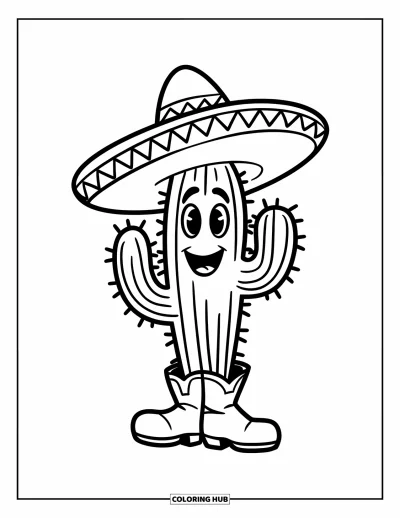 Coloriage Mexique pour enfants : un cactus souriant portant des bottes et un sombrero