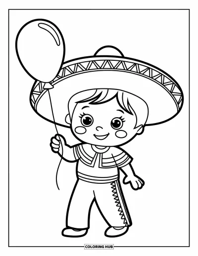 Coloriage Mexique pour enfants : un enfant souriant avec un sombrero tient un ballon dans une rue calme