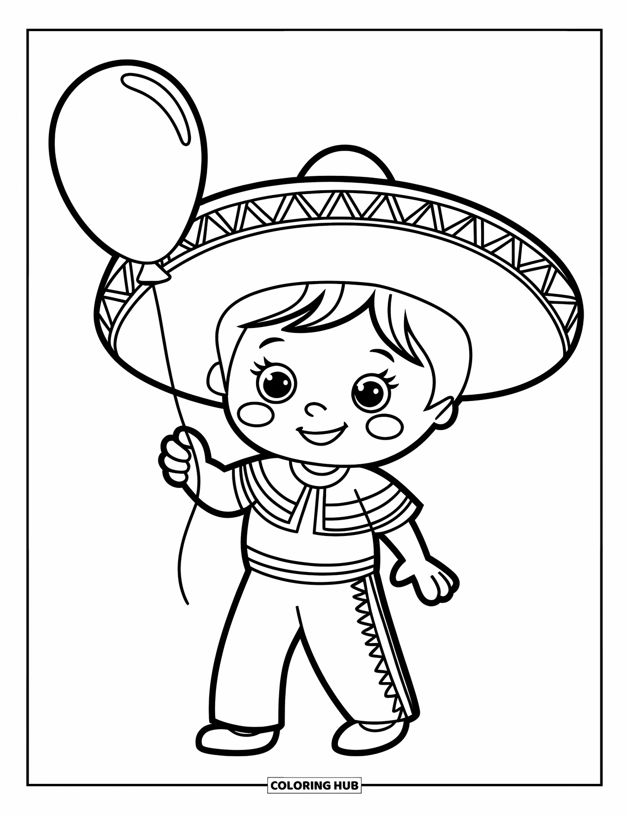 Desenho do México para colorir para crianças: Uma criança sorridente com um sombrero segura um balão em uma rua tranquila