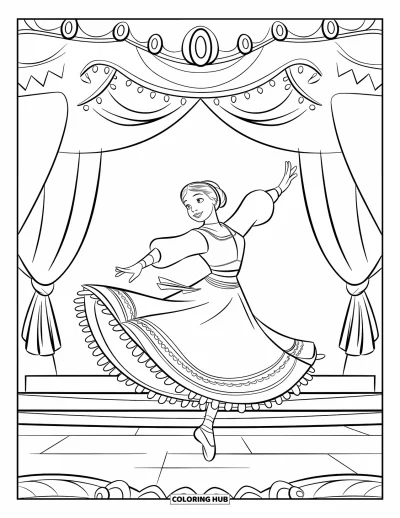 Coloriage Mexique pour enfants : une danseuse souriante tourbillonne sur scène dans une tenue traditionnelle