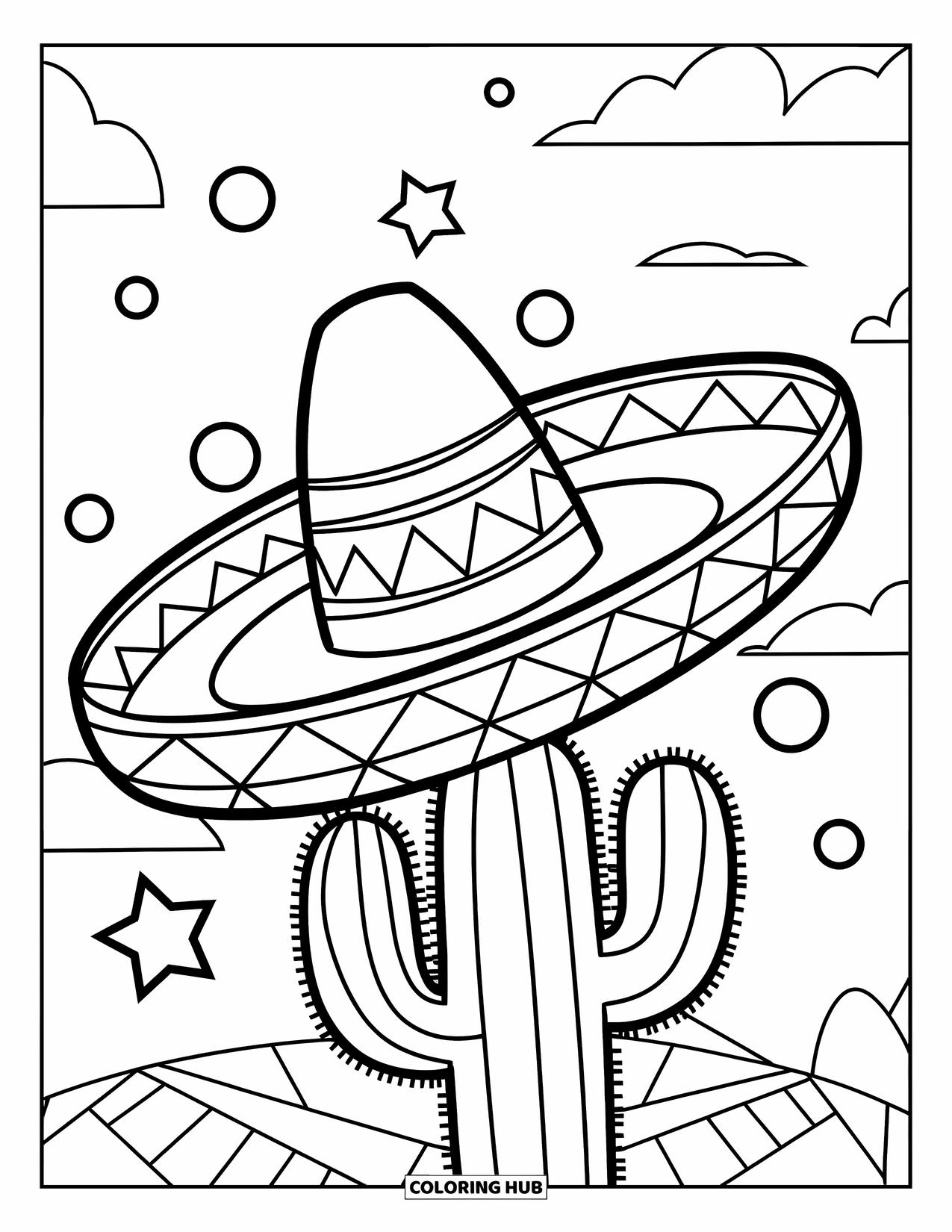 Desenho do México para colorir para crianças: Um sombrero está em um cacto com estrelas e nuvens ao redor