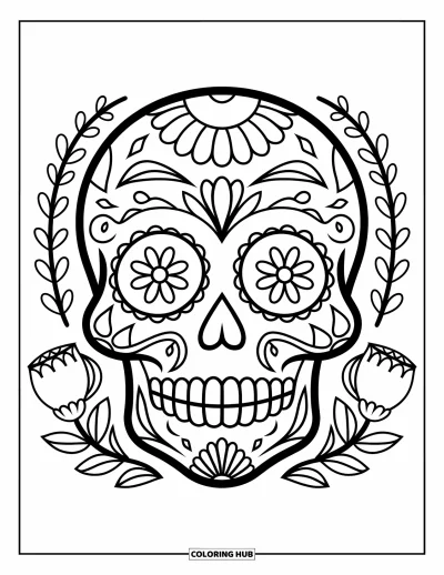 Coloriage Mexique pour enfants : un crâne en sucre avec des motifs floraux simples et de grands traits audacieux