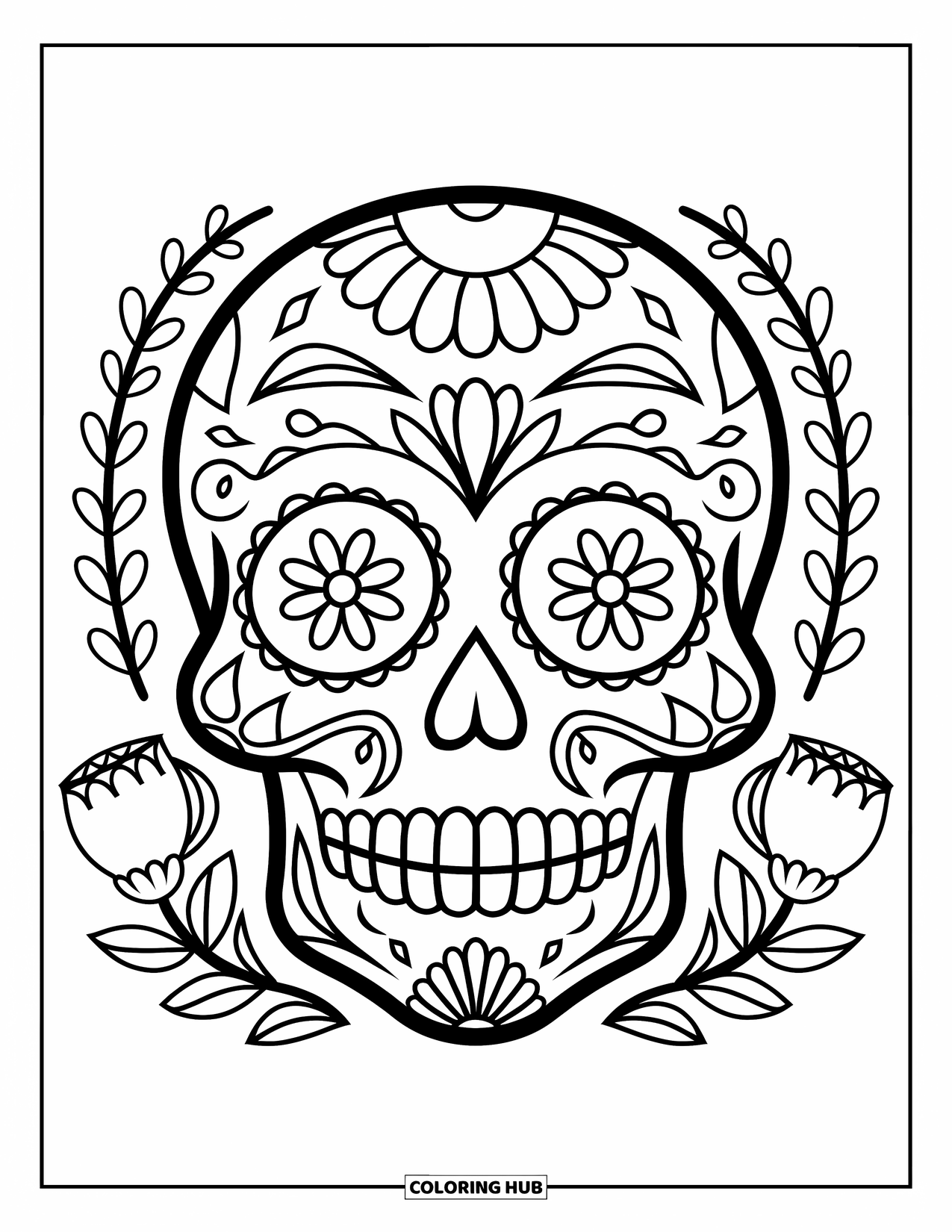 Desenho do México para colorir para crianças: Uma caveira de açúcar com designs florais simples e grandes características ousadas