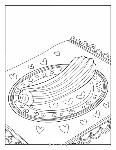 Coloriage Mexique pour enfants : un churro sucré sur une assiette décorée avec des cœurs et des tourbillons amusants