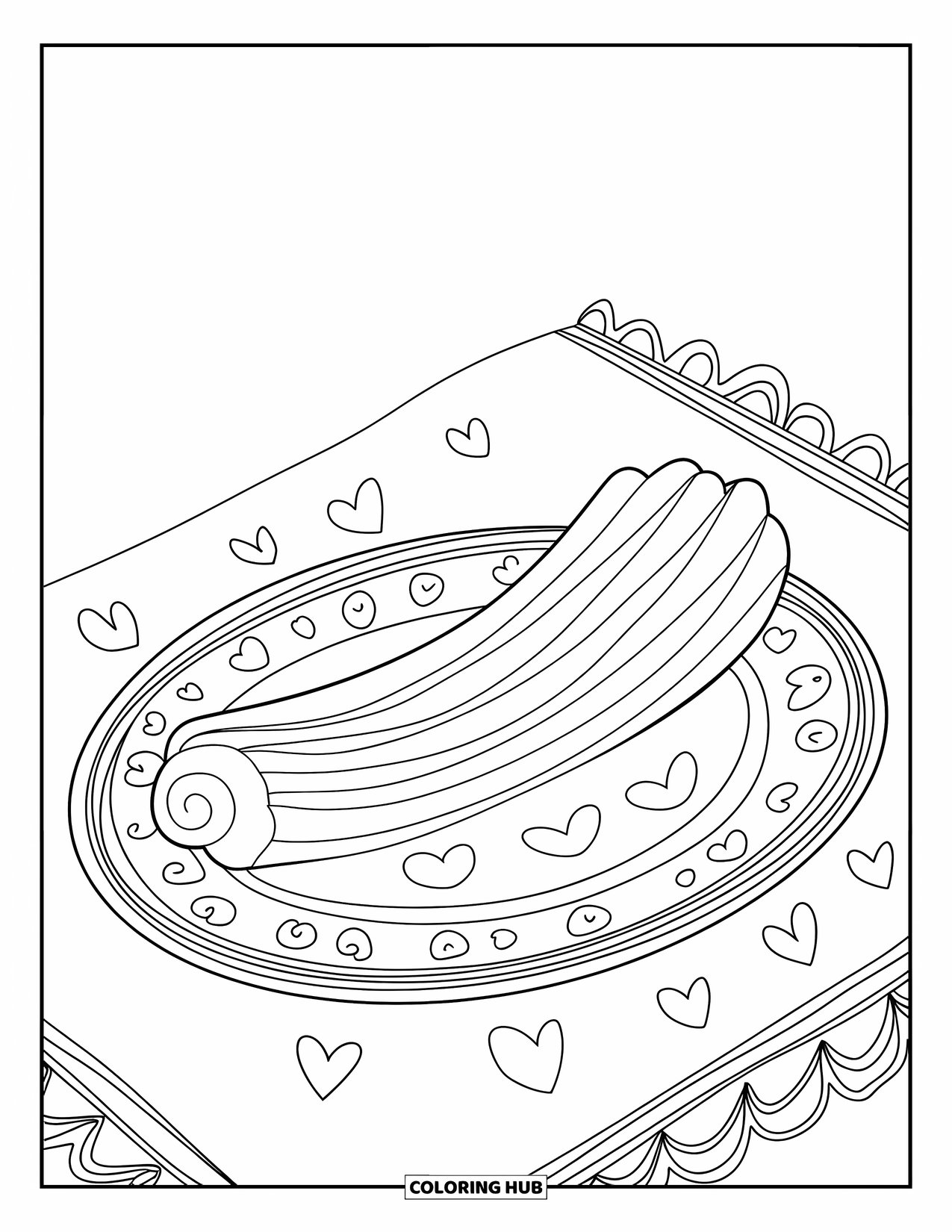Desenho do México para colorir para crianças: Um churro doce em um prato decorado com corações e espirais divertidos