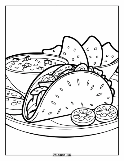 Coloriage Mexique pour enfants : un taco rempli de viande et de légumes à côté de salsa et de chips
