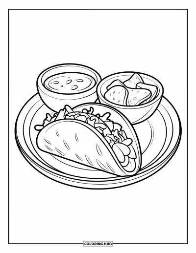 Coloriage Mexique pour enfants : un taco est posé à côté de bols de salsa et de chips