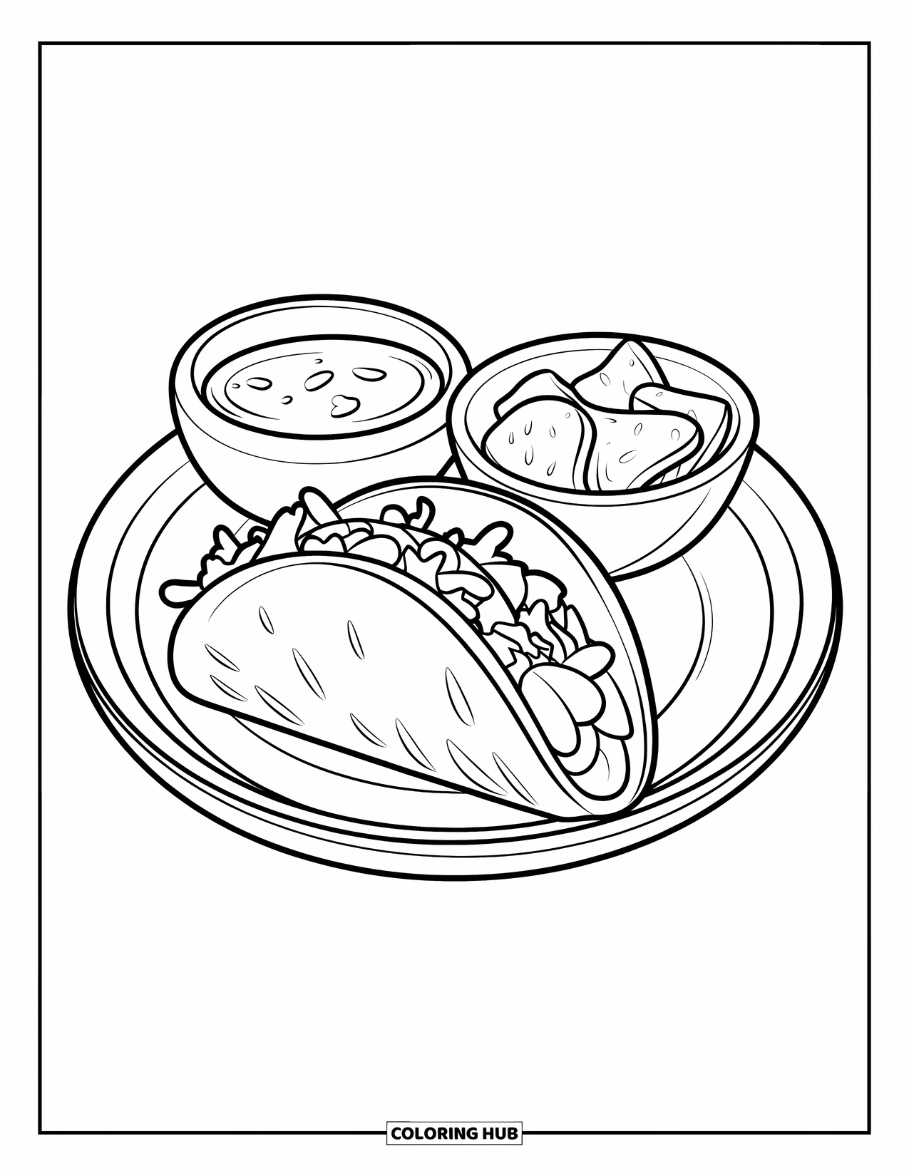 Desenho do México para colorir para crianças: Um taco está ao lado de tigelas de salsa e chips