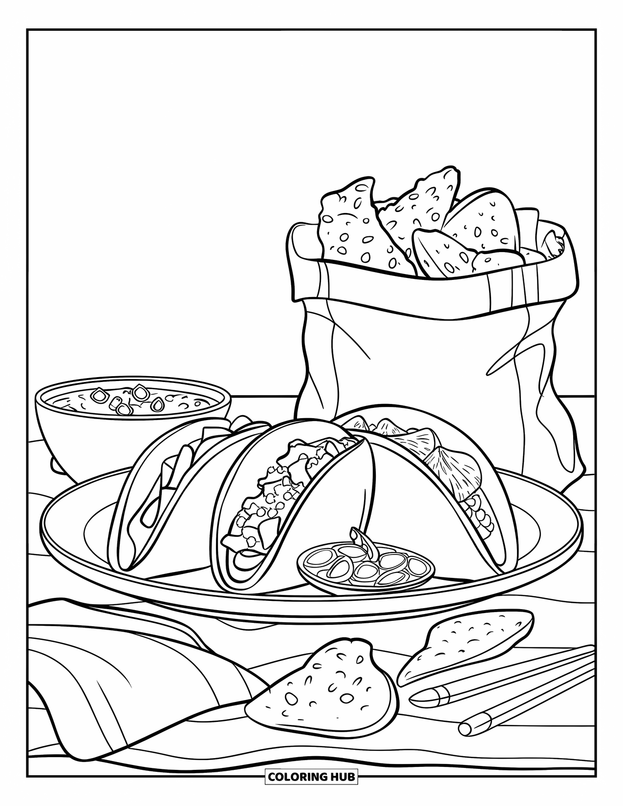 Desenho do México para colorir para crianças: Um prato de taco saboroso com chips e salsa ao lado