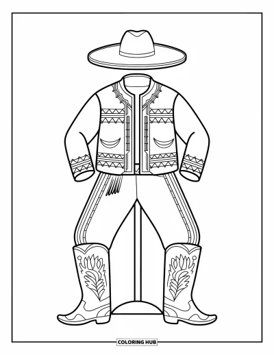 Coloriage Mexique pour enfants : une tenue de charro traditionnelle avec des bottes et un chapeau exposés sur un présentoir
