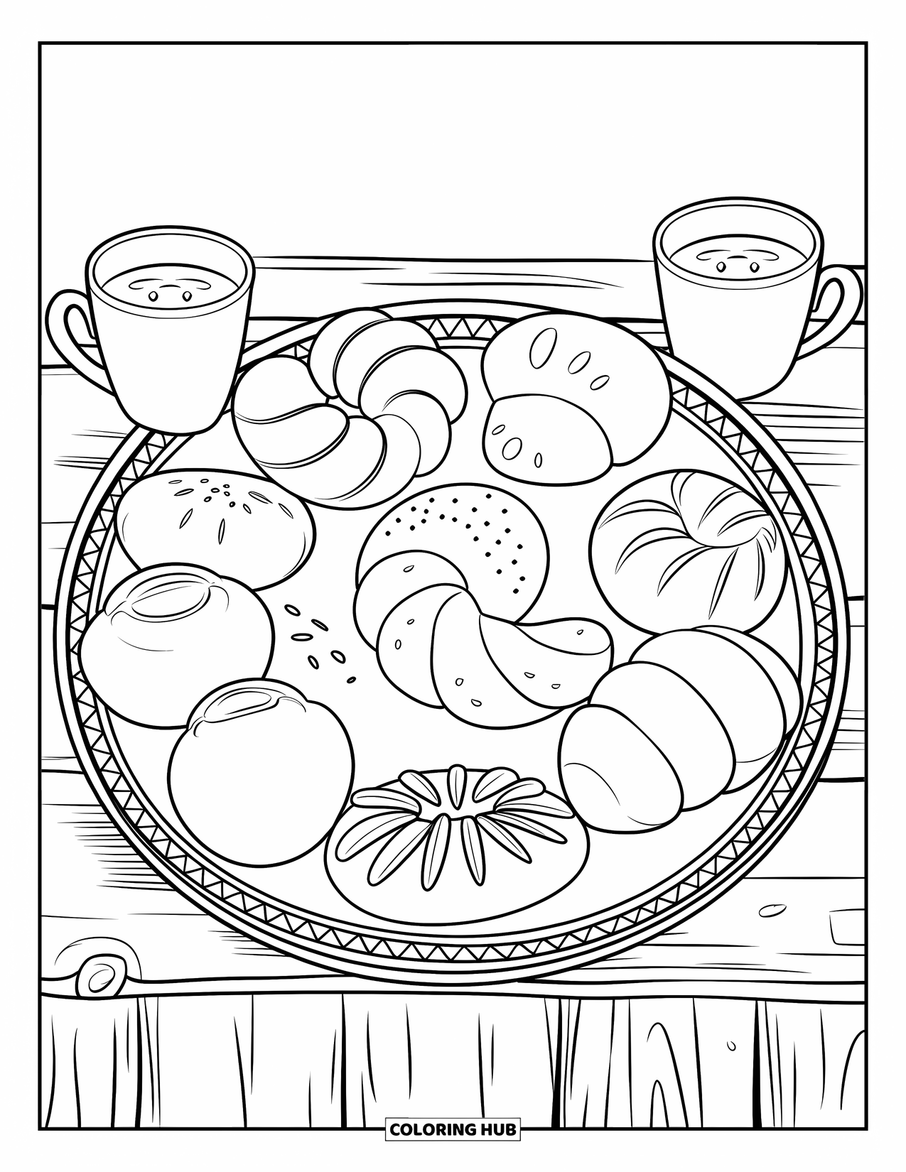 Desenho do México para colorir para crianças: Uma bandeja de pan dulce com canecas de chocolate quente em uma mesa de madeira