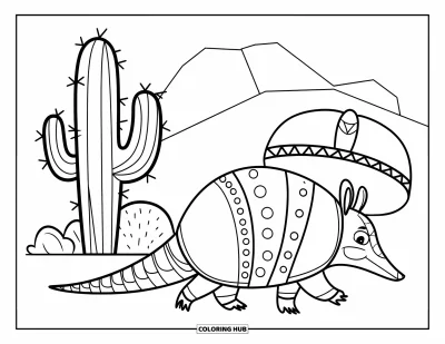 Coloriage Mexique pour enfants : un tatou avec un sombrero se promène à côté d’un cactus