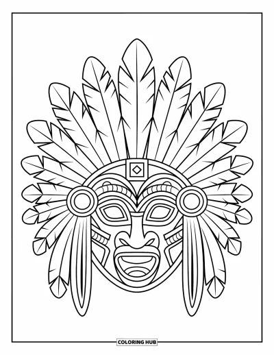 Coloriage Mexique pour enfants : un masque aztèque avec des plumes et des motifs géométriques
