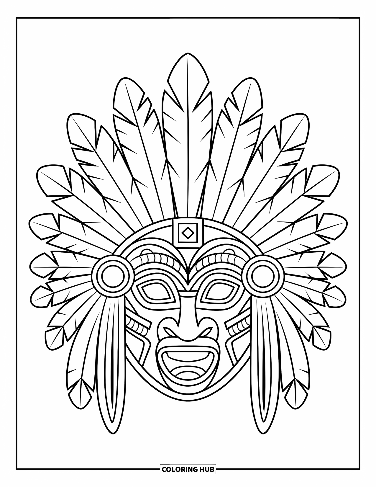 Desenho do México para colorir para crianças: Uma máscara asteca com penas e desenhos geométricos