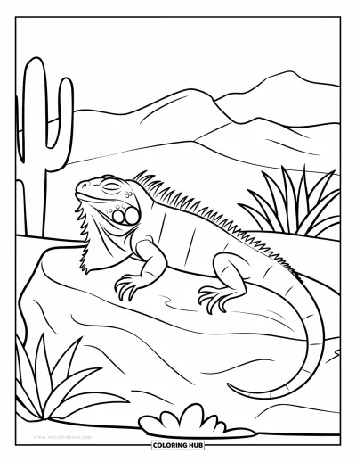 Coloriage Mexique pour enfants : un iguane se prélasse au soleil parmi les cactus et les agaves