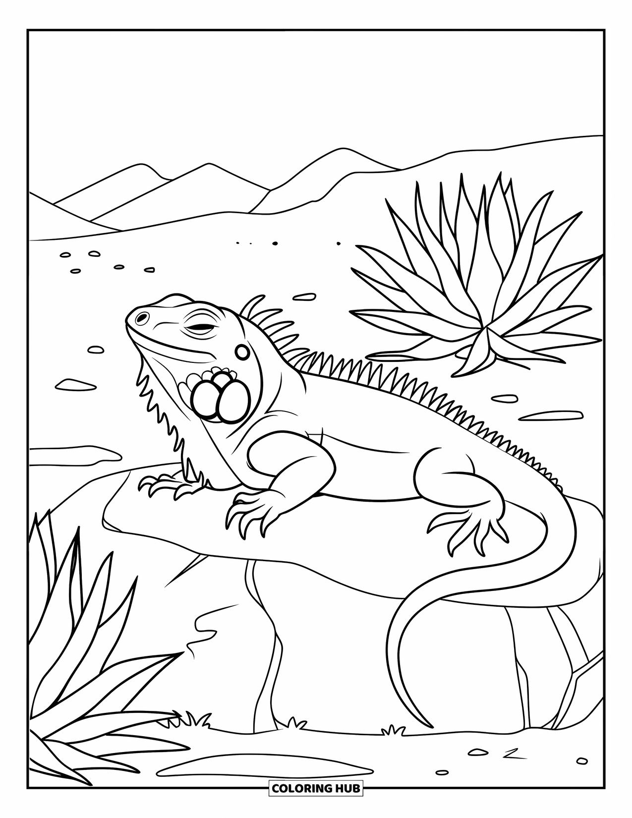 Desenho do México para colorir para crianças: Uma iguana relaxa em uma rocha ensolarada cercada por plantas do deserto
