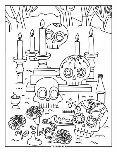 Coloriage Mexique pour enfants : des bougies et des crânes en sucre décorent un cimetière paisible la nuit