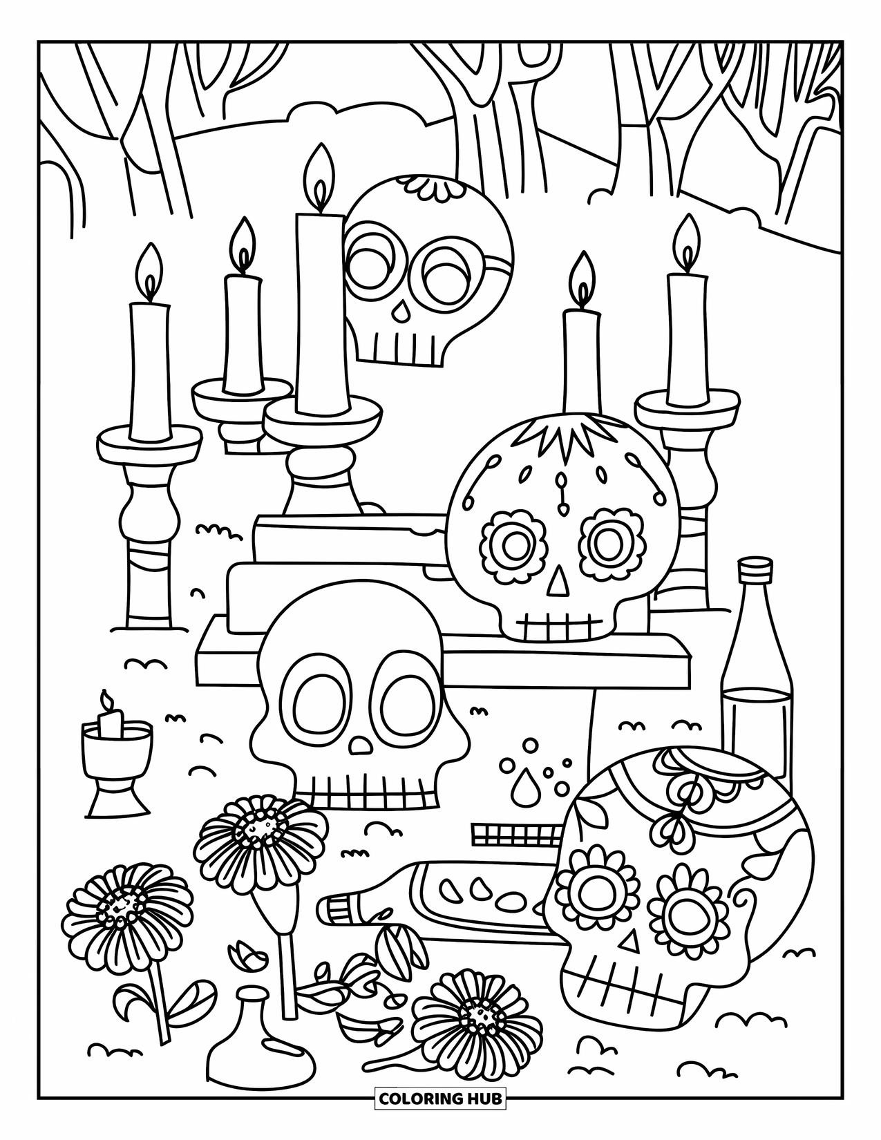 Desenho do México para colorir para crianças: Velas e caveiras de açúcar decoram um cemitério tranquilo à noite
