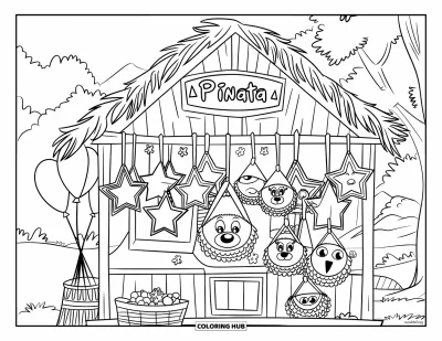 Coloriage Mexique pour enfants : des piñatas colorées sont suspendues à une boutique au toit de chaume entourée d’arbres et de montagnes