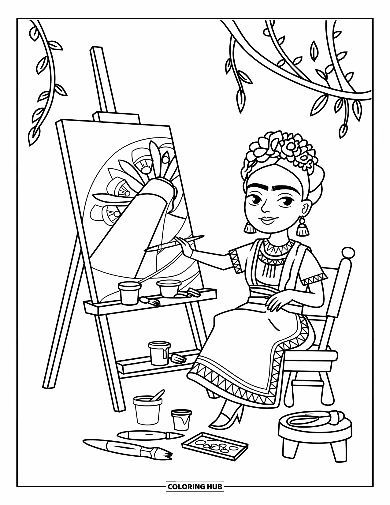 Desenho do México para colorir para crianças: Artista estilo Frida com uma coroa de flores pinta em seu estúdio aconchegante