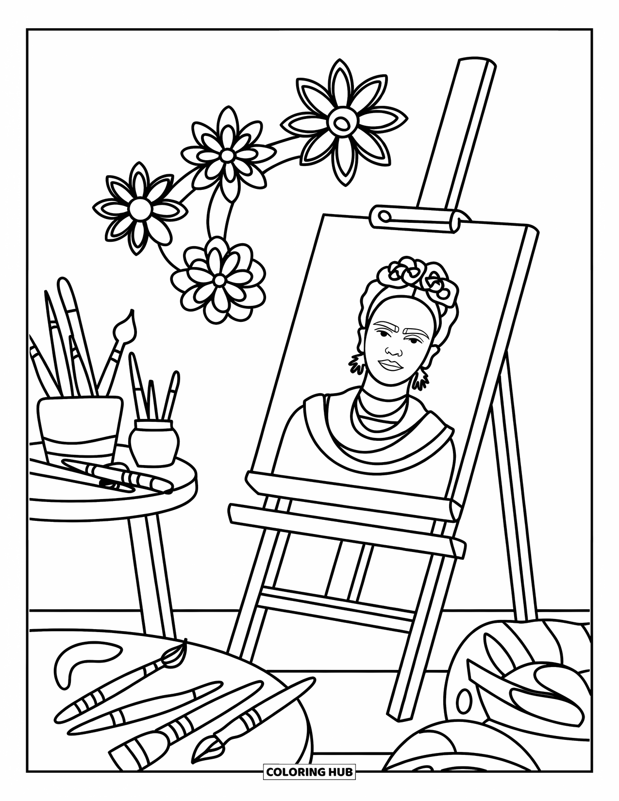 Desenho do México para colorir para crianças: Pincéis, flores e uma tela enchem o espaço deste artista criativo