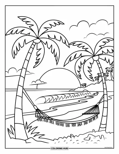 Coloriage Mexique pour enfants : des palmiers et des vagues créent une scène de plage paisible à Cancún