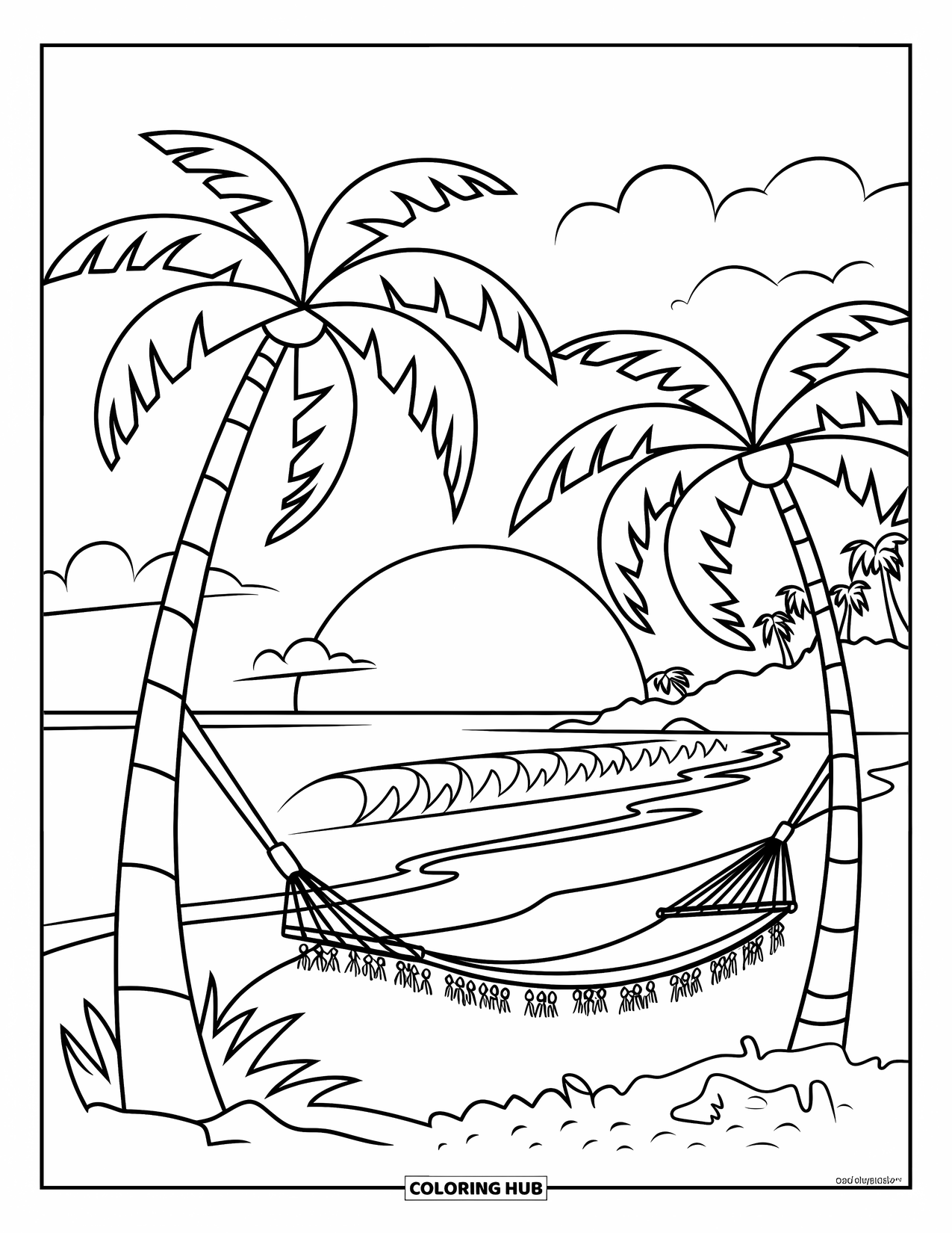 Desenho do México para colorir para crianças: Palmeiras e ondas criam uma cena de praia tranquila em Cancún