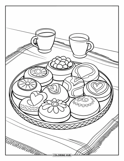 Coloriage du Mexique pour enfants : Des pains sucrés et un chocolat chaud posés ensemble sur un plateau à partager